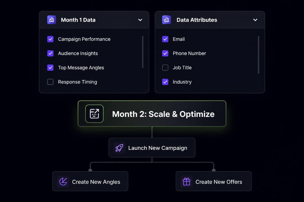 Month 2 scale and optimize — launch new campaigns, angles, and offers from campaign data.
